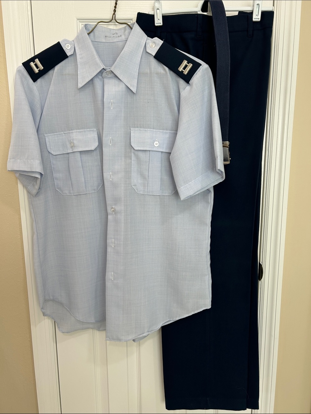 Men's Light Blue Short-Sleeve Uniform Shirt with Navy Trousers and Belt